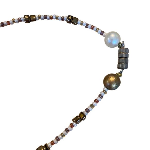 Handcrafted Beaded Necklace With Iridescent & Metallic Accents Pearls & Crystals - Picture 2 of 8
